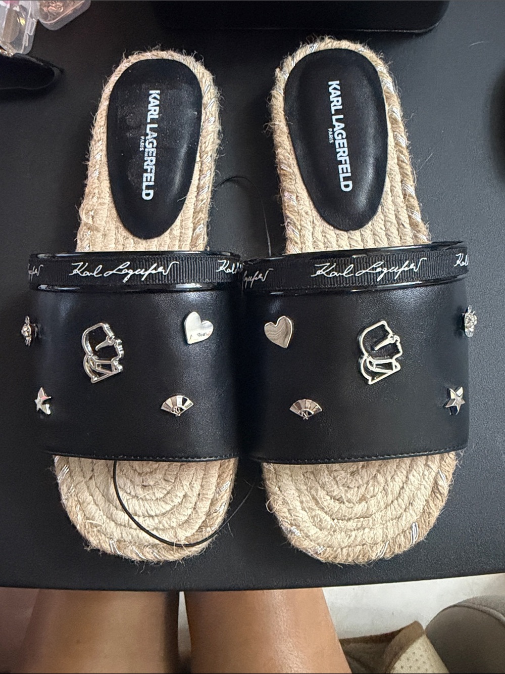 Karl Lagerfeld Black Espadrille Slide Sandals with Silver Stud Accents